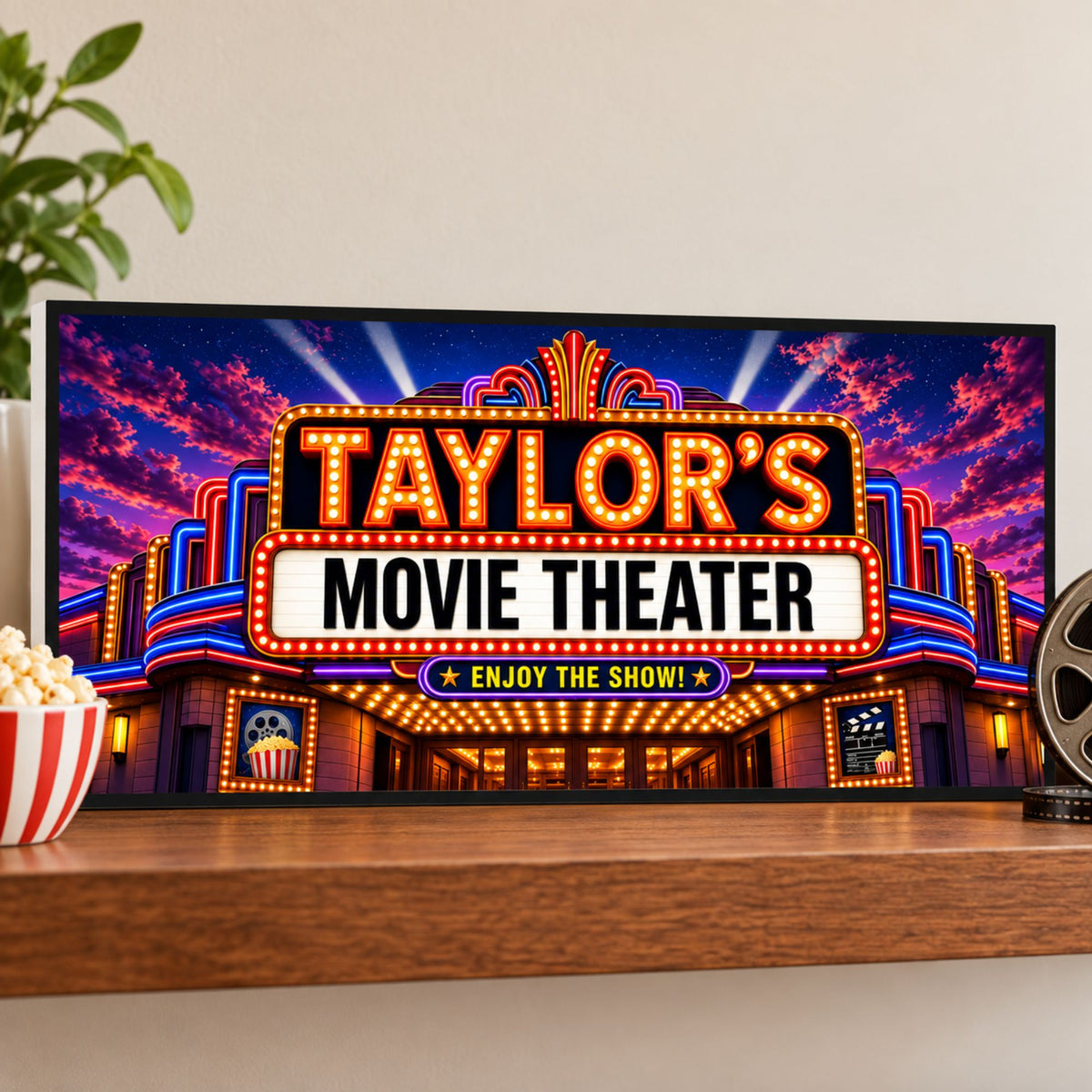 Custom cinema sign displayed on a wooden shelf beside popcorn and a film reel, showing a subtle white PVC edge.