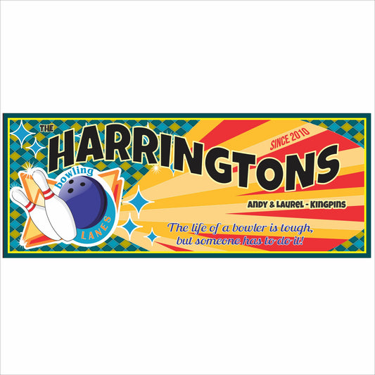 Personalized bowling lane sign with colorful pins, bowling ball, and custom family name