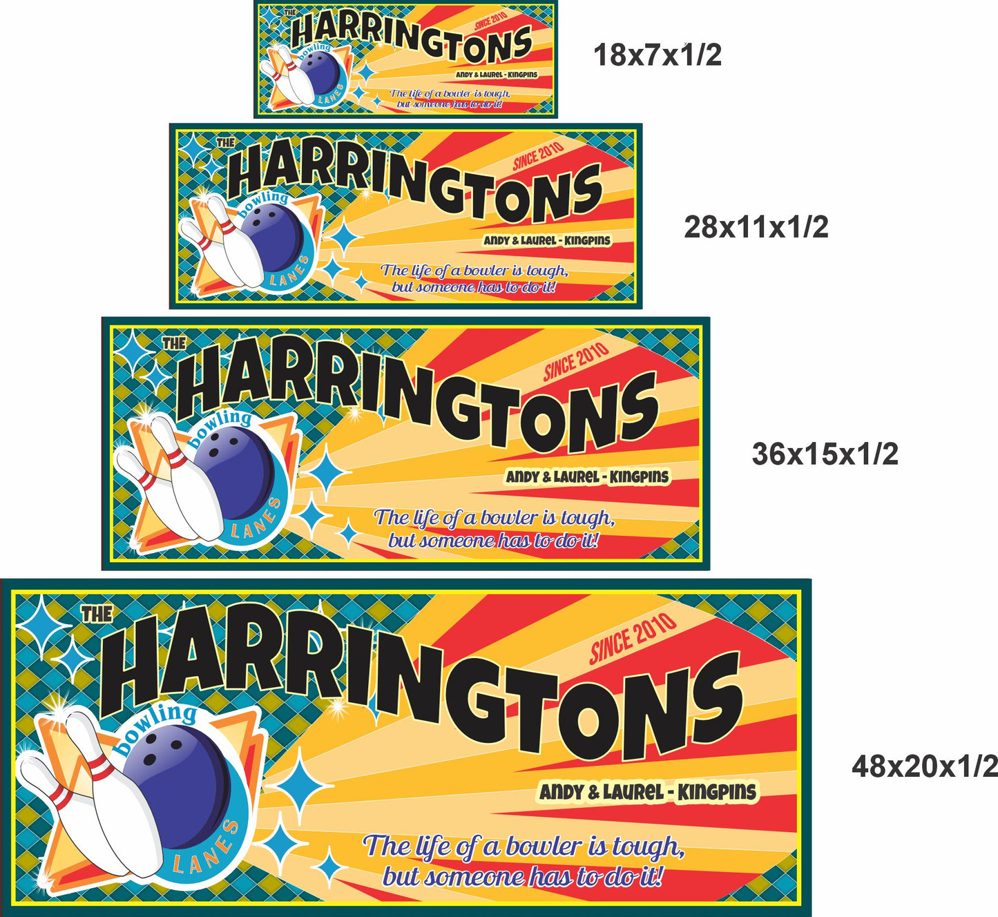 Bowling-themed personalized sign shown in four size options for scale