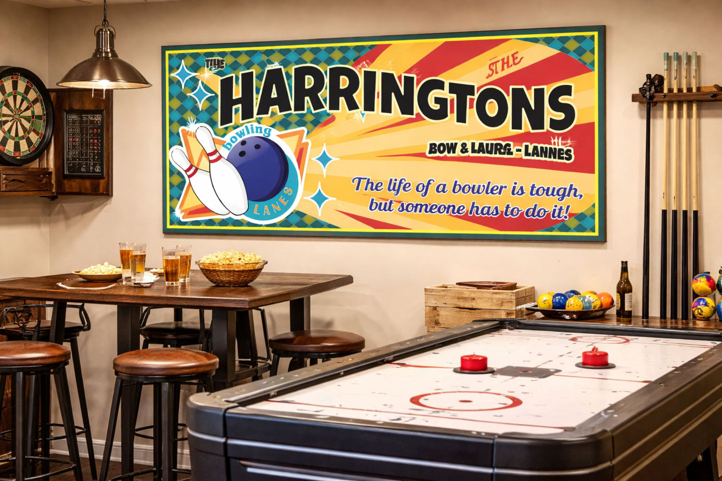 Custom bowling sign displayed on wall in home game room with pool table