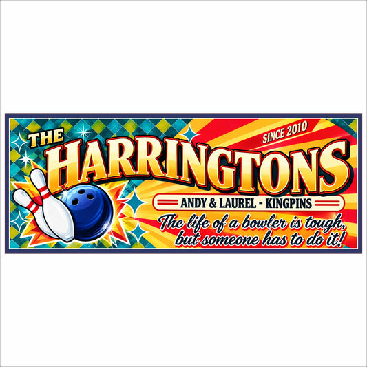 Personalized bowling sign with colorful retro design, bowling pins, blue bowling ball, family name, established year, and custom bowling quote.