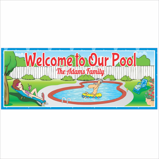 Personalized Welcome to Our Pool sign with cartoon backyard pool scene, lounging woman, floating swimmer, and customizable text