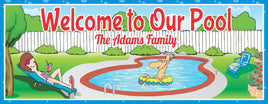  A colorful outdoor sign depicting a cartoon couple at their swimming pool. The woman is lounging with a cocktail on a pool chair, while the man floats nearby on a yellow raft. The sign includes customizable text areas, ideal for welcoming guests to a home pool.