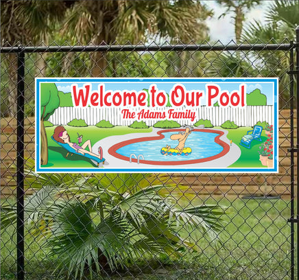  A colorful outdoor sign depicting a cartoon couple at their swimming pool. The woman is lounging with a cocktail on a pool chair, while the man floats nearby on a yellow raft. The sign includes customizable text areas, ideal for welcoming guests to a home pool.