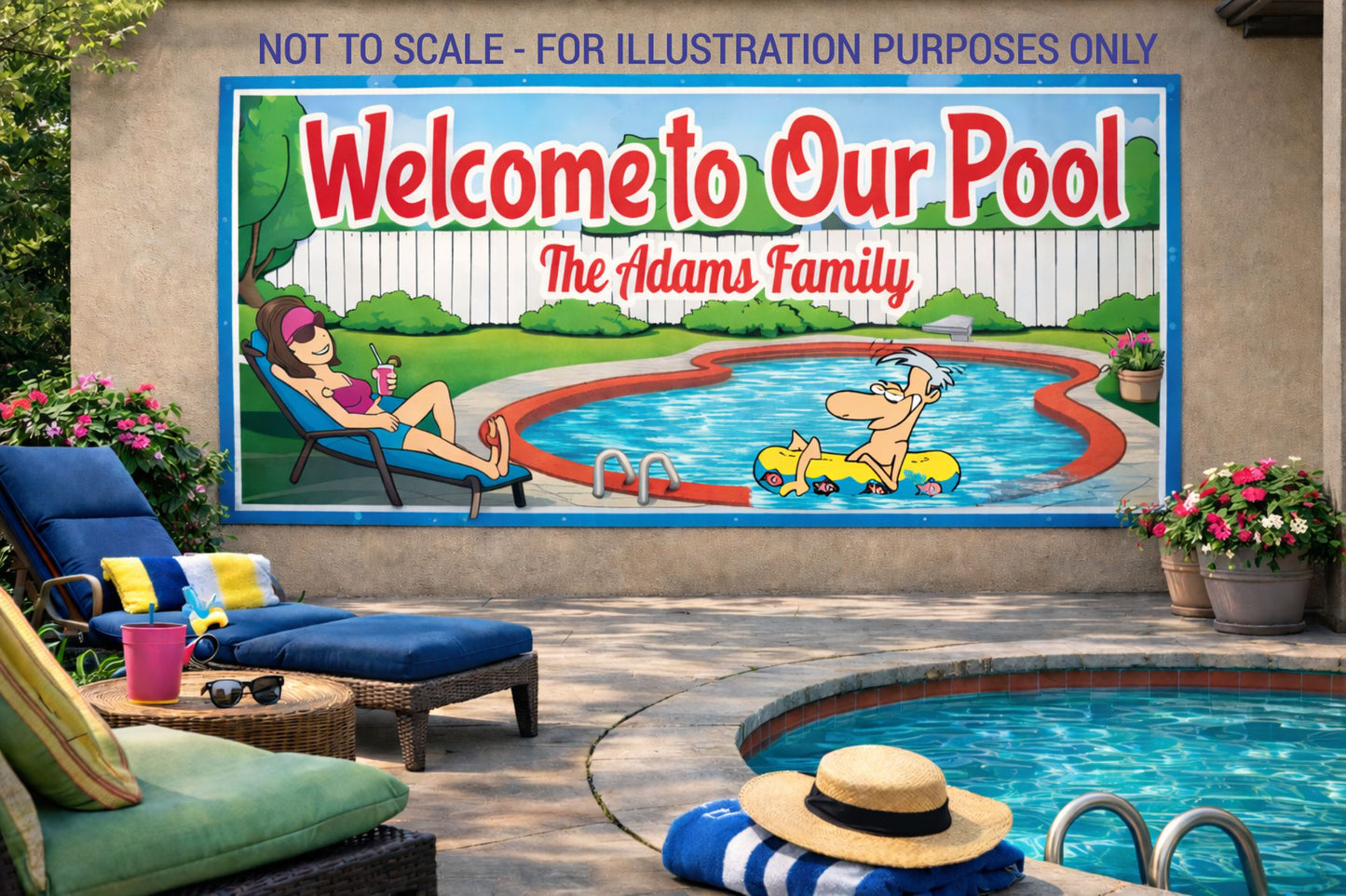 Large personalized pool sign mounted on outdoor wall above swimming pool with patio furniture and flowers