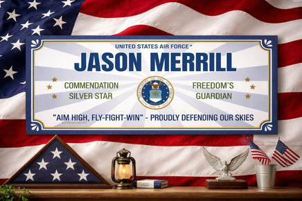 Custom military honor sign displayed indoors with American flag backdrop