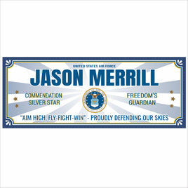 Personalized U.S. Air Force tribute wall sign with eagle emblem and blue starburst background, customizable with service details and military message.