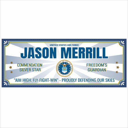 Personalized U.S. Air Force tribute wall sign with eagle emblem and blue starburst background, customizable with service details and military message.
