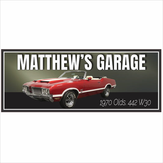 Personalized 1970 muscle car garage sign with red classic convertible and custom garage name on white background