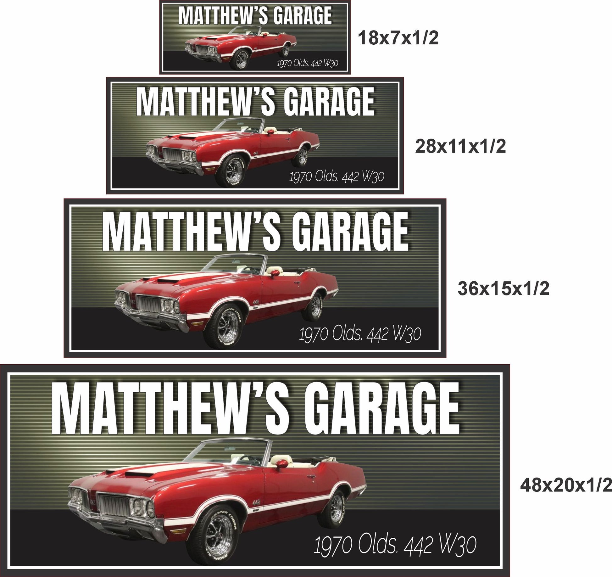 1970 muscle car sign size comparison showing 18x7, 28x11, 36x15, and 48x20 inch options
