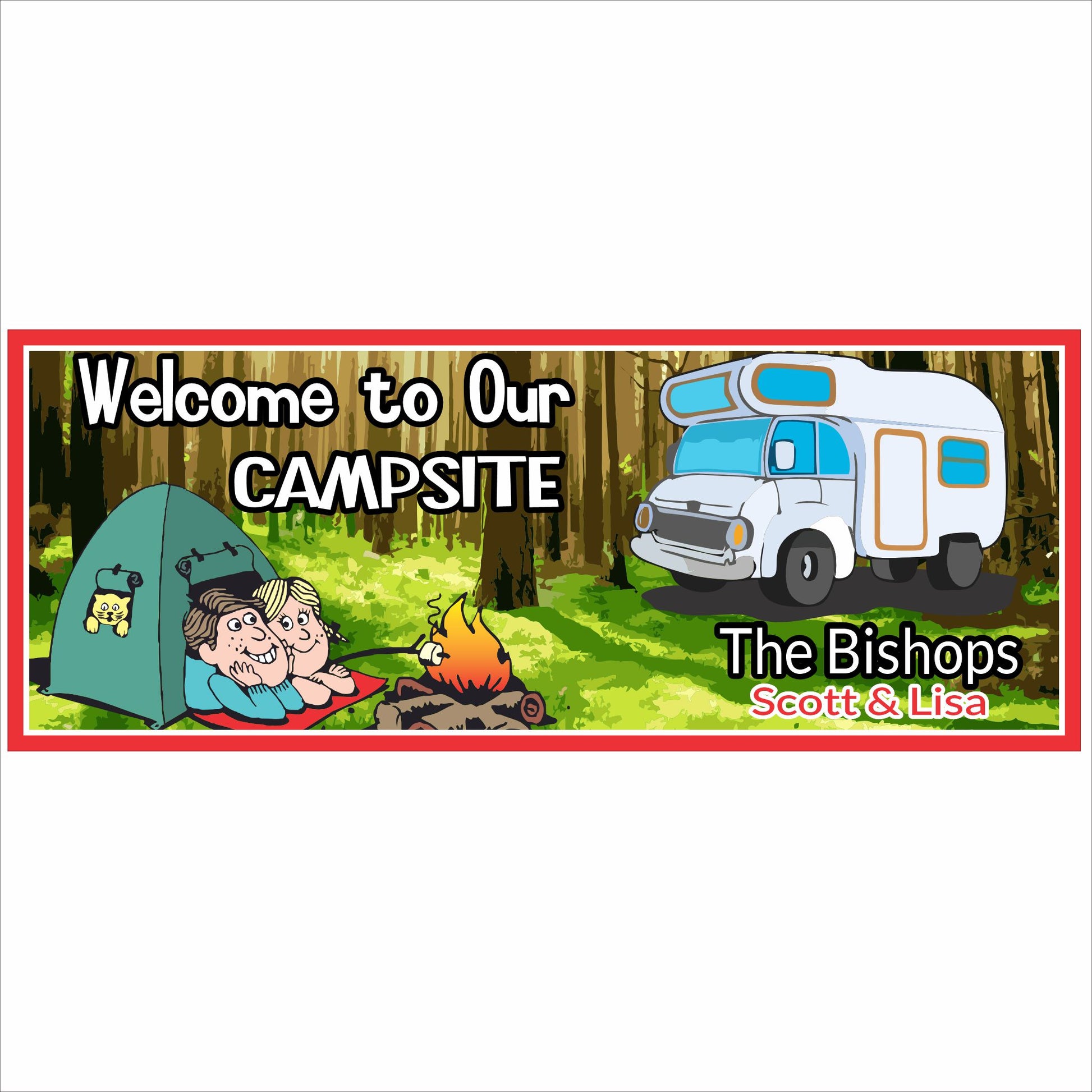 Personalized campsite sign featuring a cartoon couple, tent, campfire, and RV with custom family name
