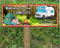 Personalized welcome sign for a campsite featuring a cartoon illustration of a couple in a tent and RV, customizable with names or messages, ideal for outdoor camping setups.