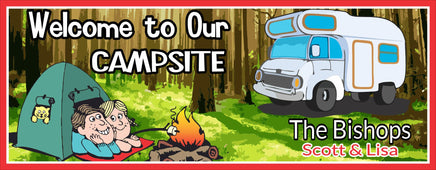  Personalized welcome sign for a campsite featuring a cartoon illustration of a couple in a tent and RV, customizable with names or messages, ideal for outdoor camping setups.