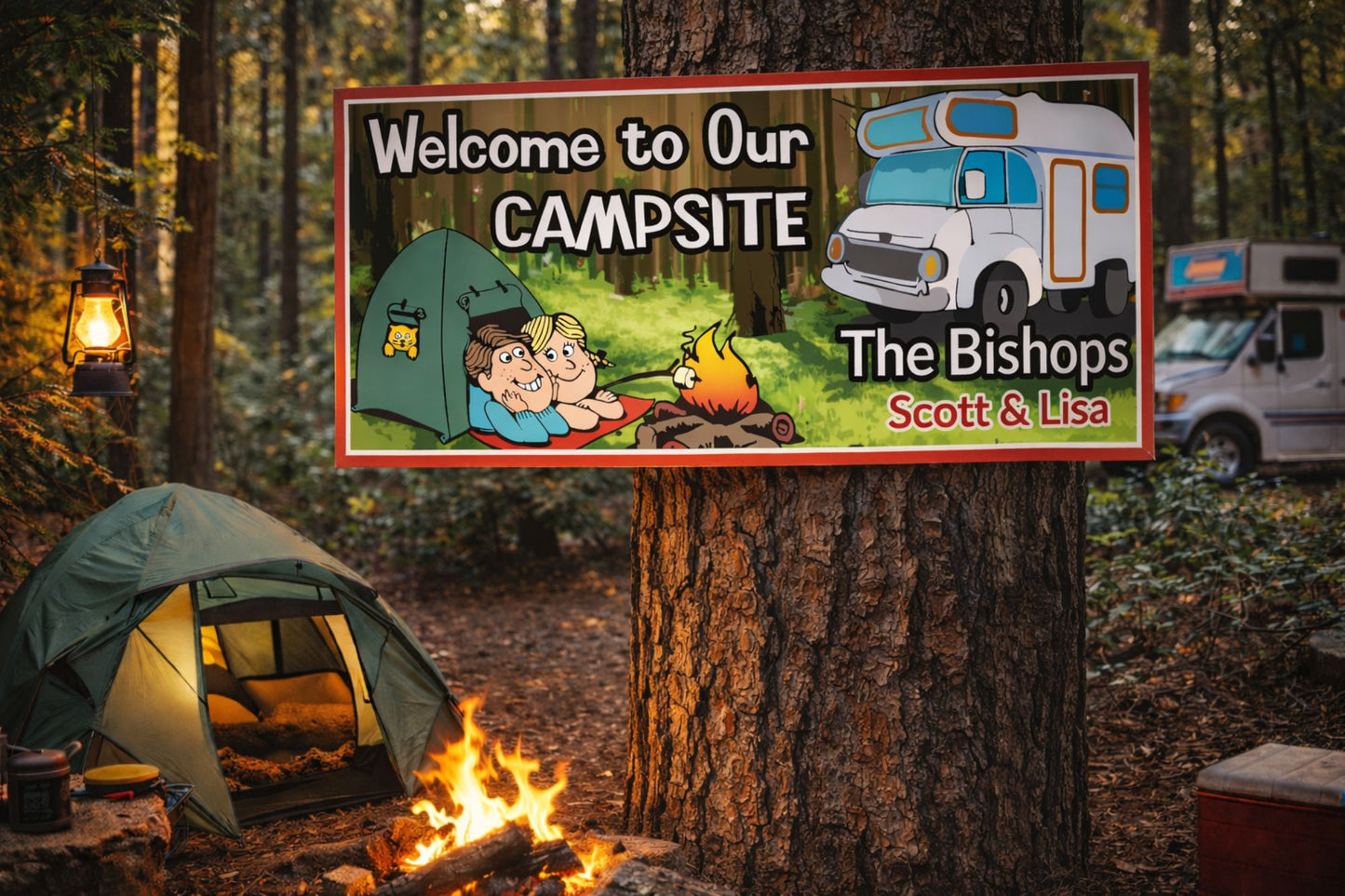 Personalized campsite sign displayed outdoors near a campfire and tent in a wooded camping setting