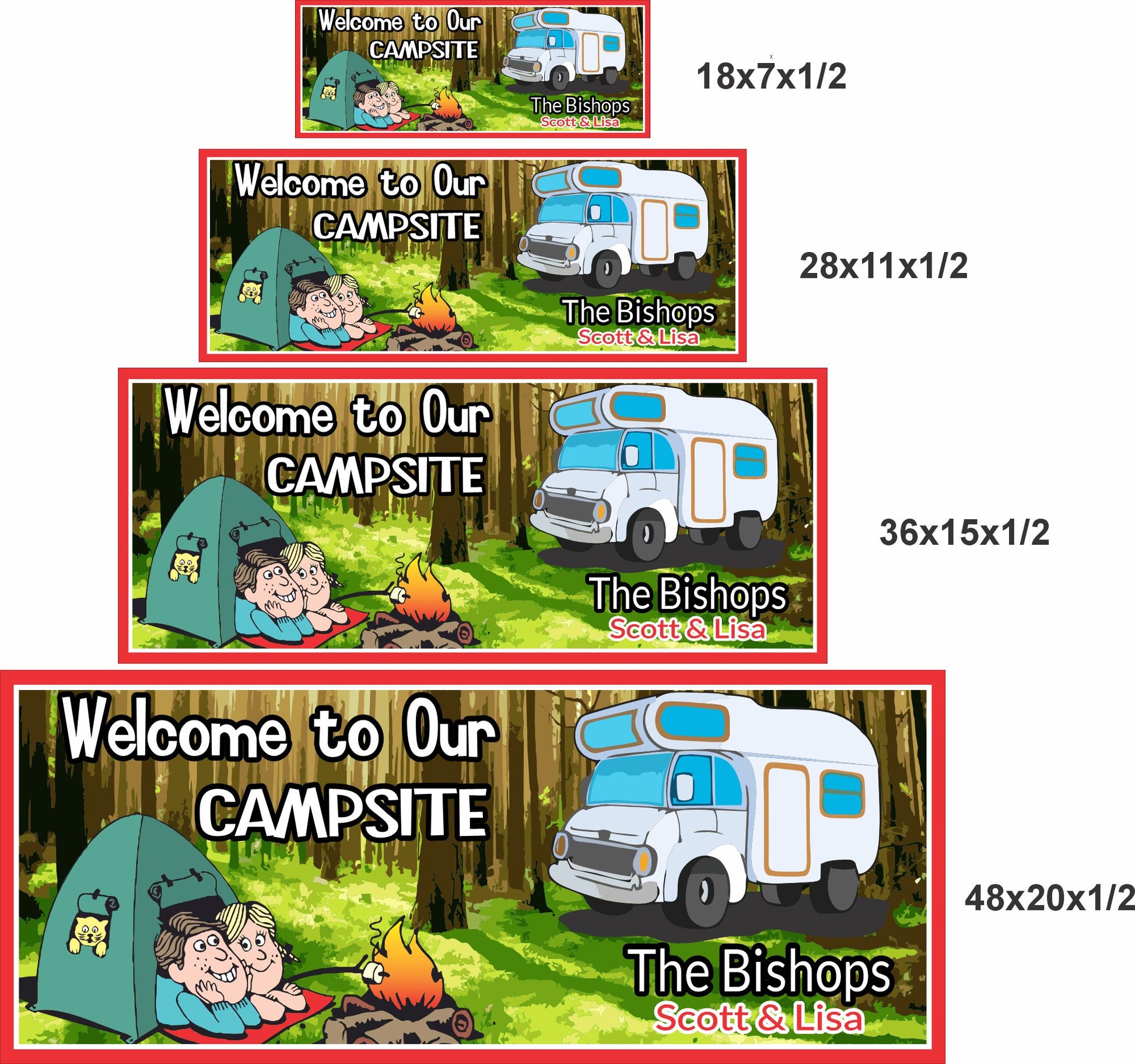 Personalized campsite sign shown in four available sizes for wall display comparison