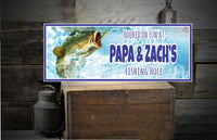  Personalized outdoor sign for a classic fishing hole, depicting a vivid scene of a green fish splashing as it bites a lure, ideal for decorating fishing spots and cabins.