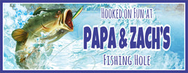  Personalized outdoor sign for a classic fishing hole, depicting a vivid scene of a green fish splashing as it bites a lure, ideal for decorating fishing spots and cabins.