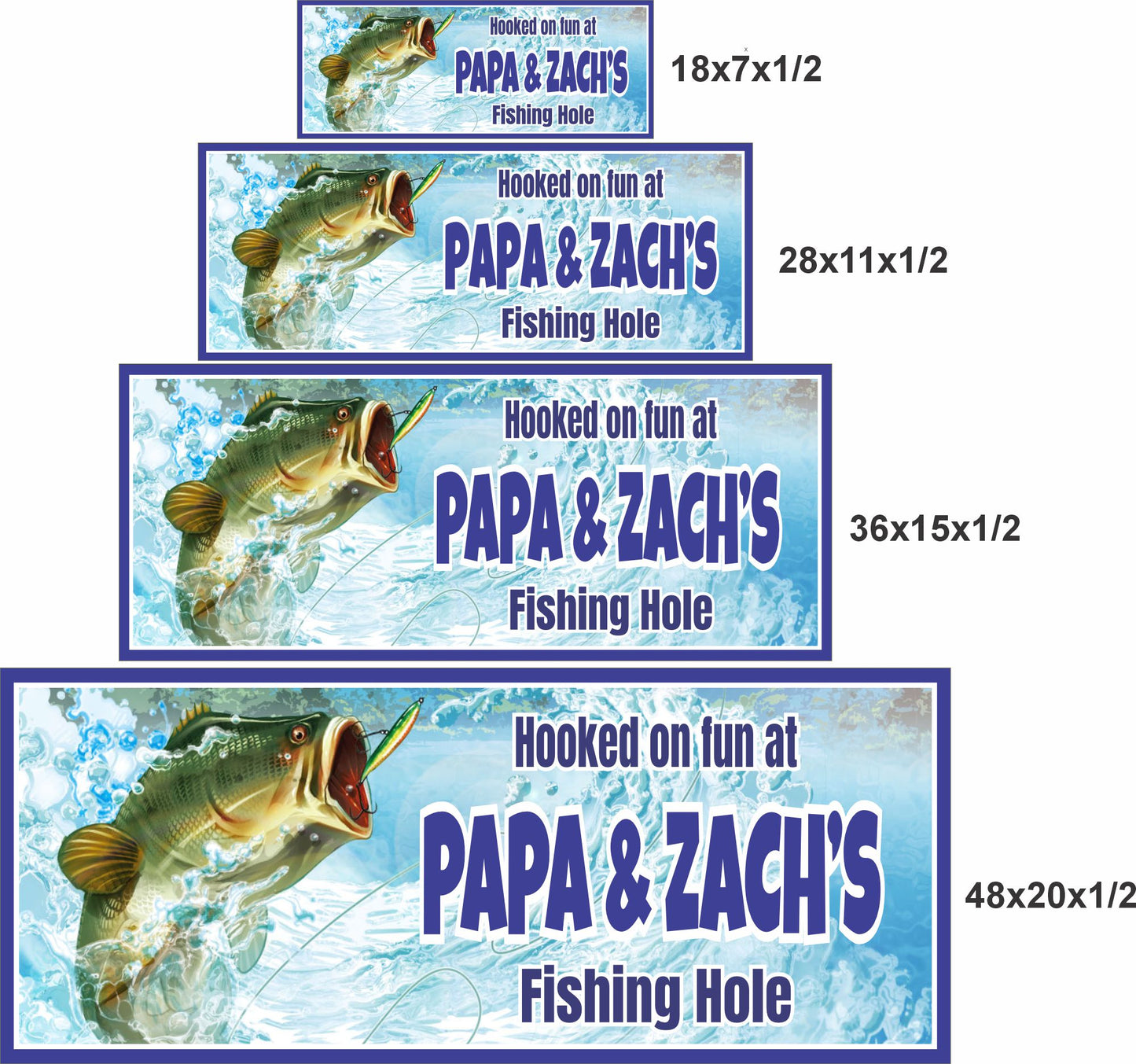 Personalized fishing hole sign shown in four available sizes for wall display comparison