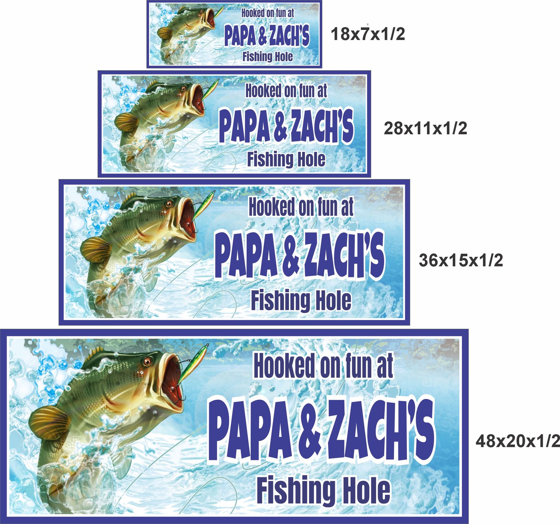 Personalized fishing hole sign shown in four available sizes for wall display comparison