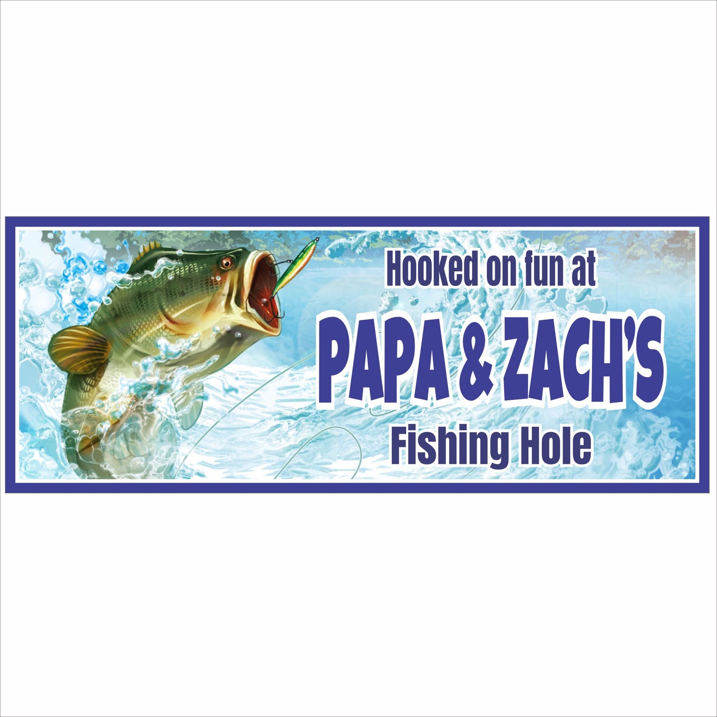 Personalized fishing hole sign featuring a jumping fish and custom name text