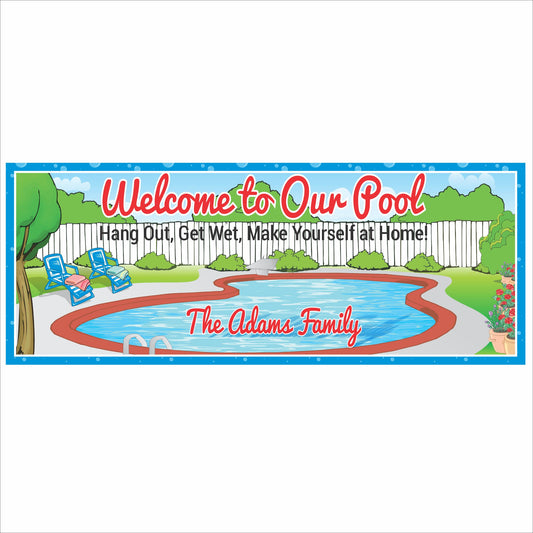 Personalized pool sign with illustrated backyard swimming pool, lounge chairs, fence, and custom family name