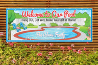 Personalized welcome sign for a swimming pool featuring a tranquil backyard scene with lawn chairs, customizable with editable text for a unique and inviting poolside decoration.