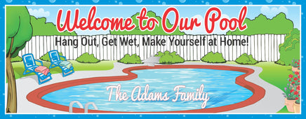 Personalized welcome sign for a swimming pool featuring a tranquil backyard scene with lawn chairs, customizable with editable text for a unique and inviting poolside decoration.