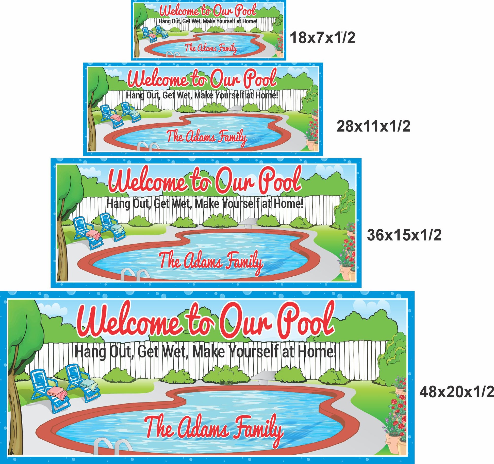 Personalized pool sign shown in 18x7, 28x11, 36x15, and 48x20 inch size options
