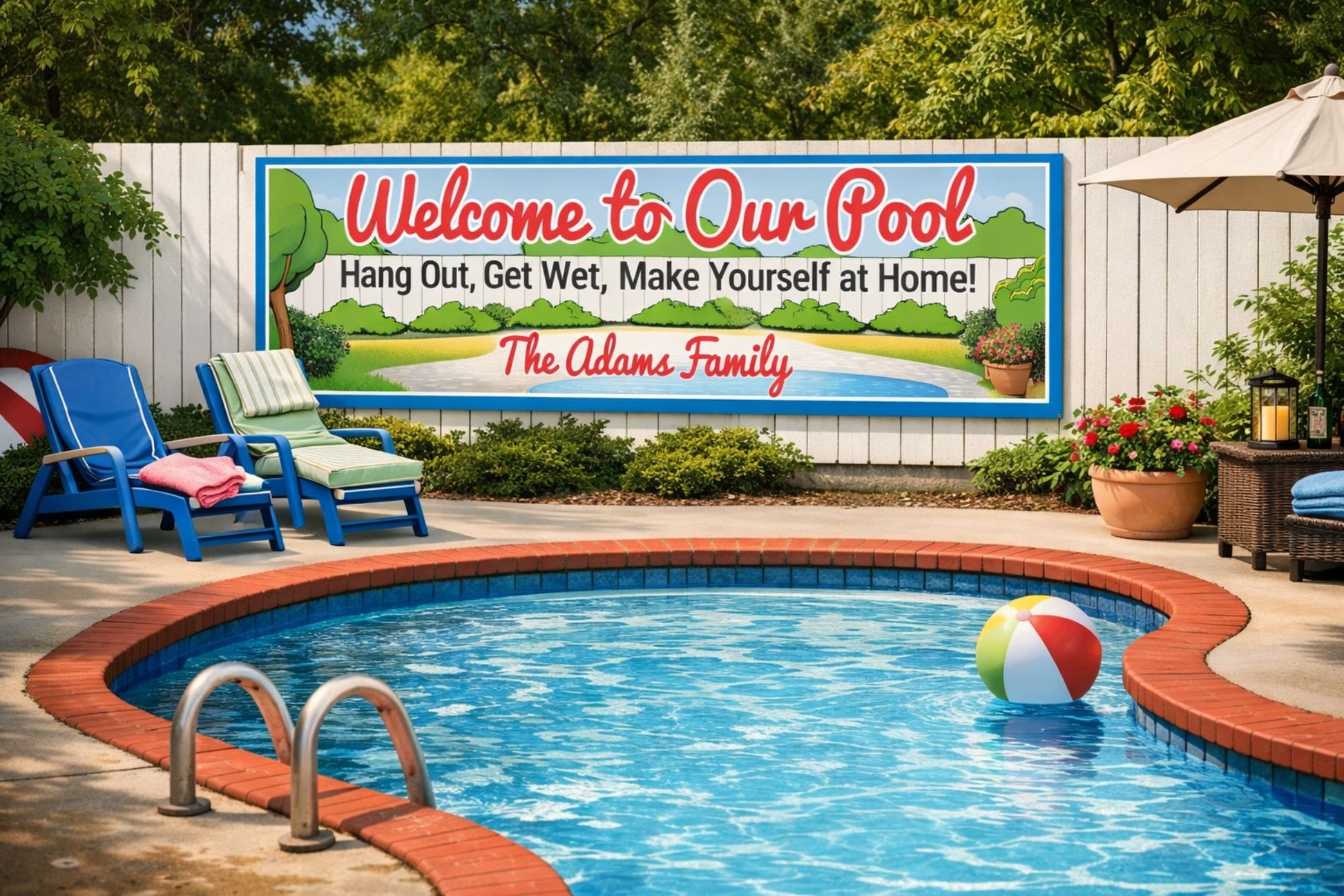 Custom pool sign mounted on a wall beside a backyard swimming pool with patio furniture and greenery