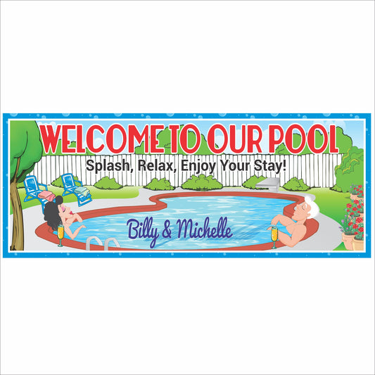Personalized welcome to our pool sign with cartoon pool scene and customizable family name