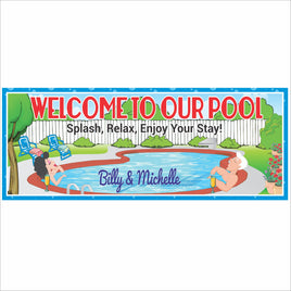 Personalized welcome to our pool sign with cartoon pool scene and customizable family name