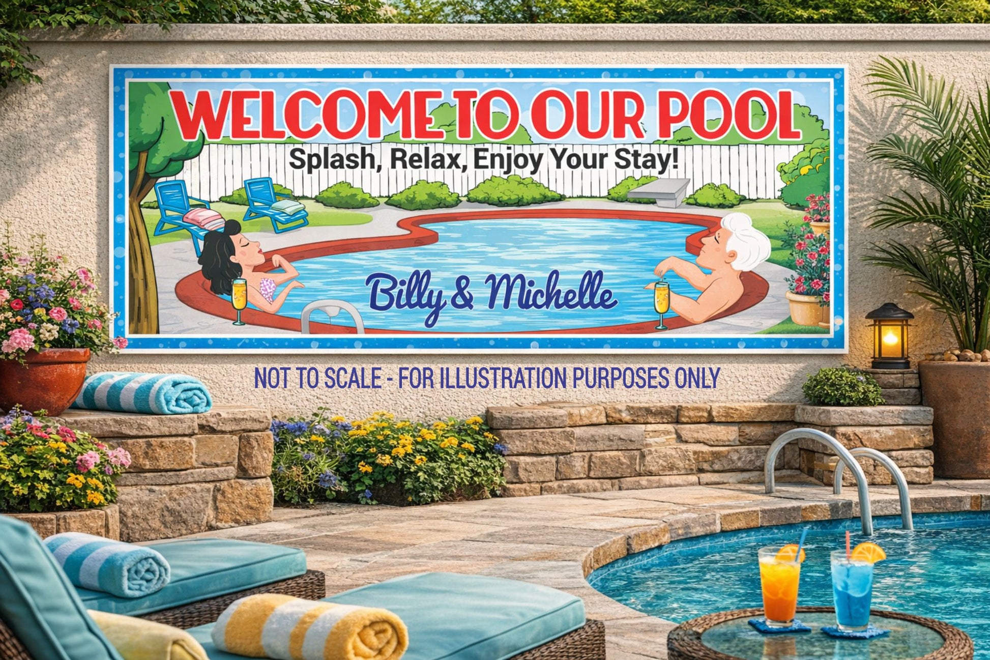 Custom pool sign mounted on a stucco wall beside a swimming pool with lounge chairs and flowers