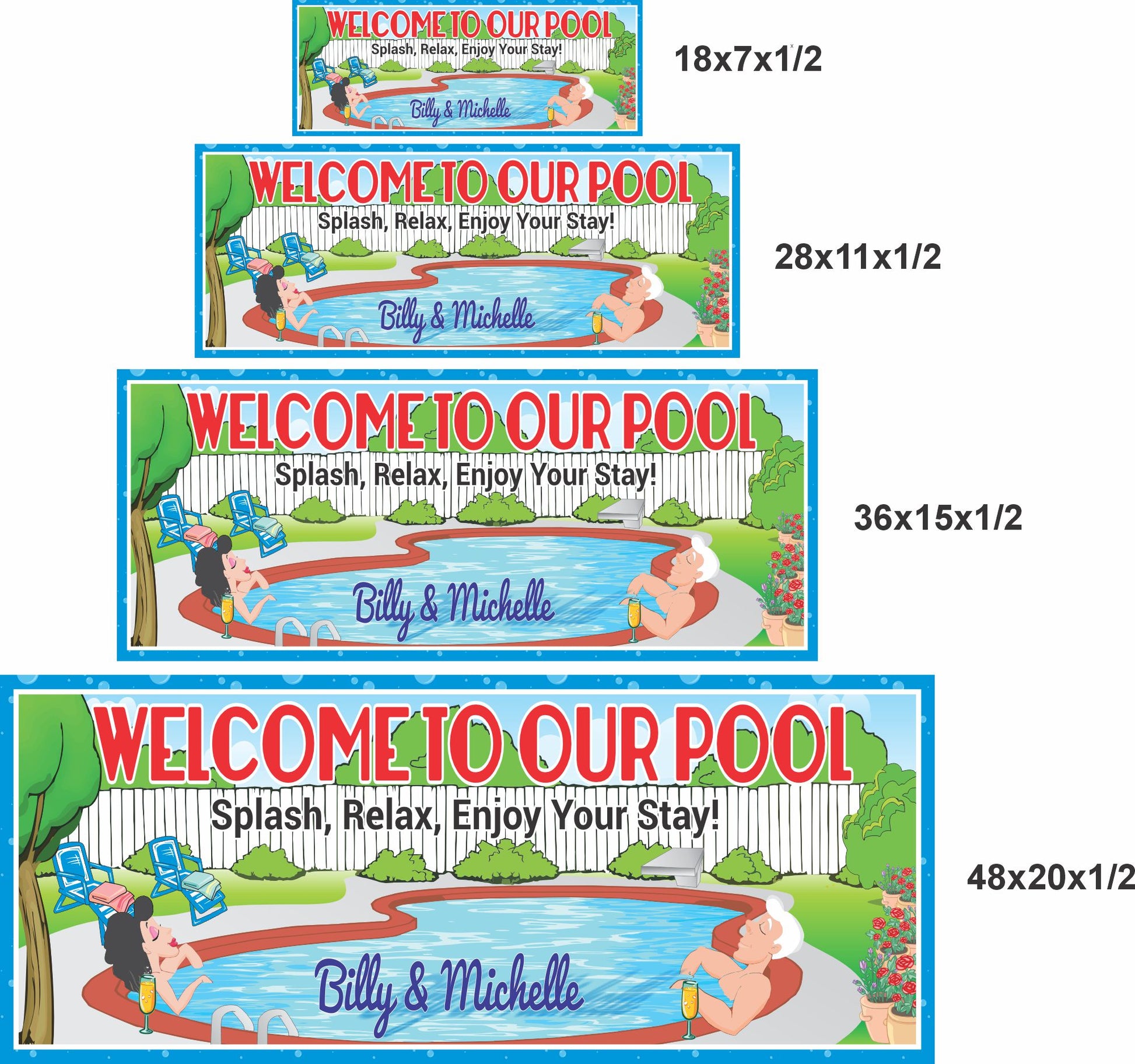 Pool sign shown in four available sizes for scale comparison
