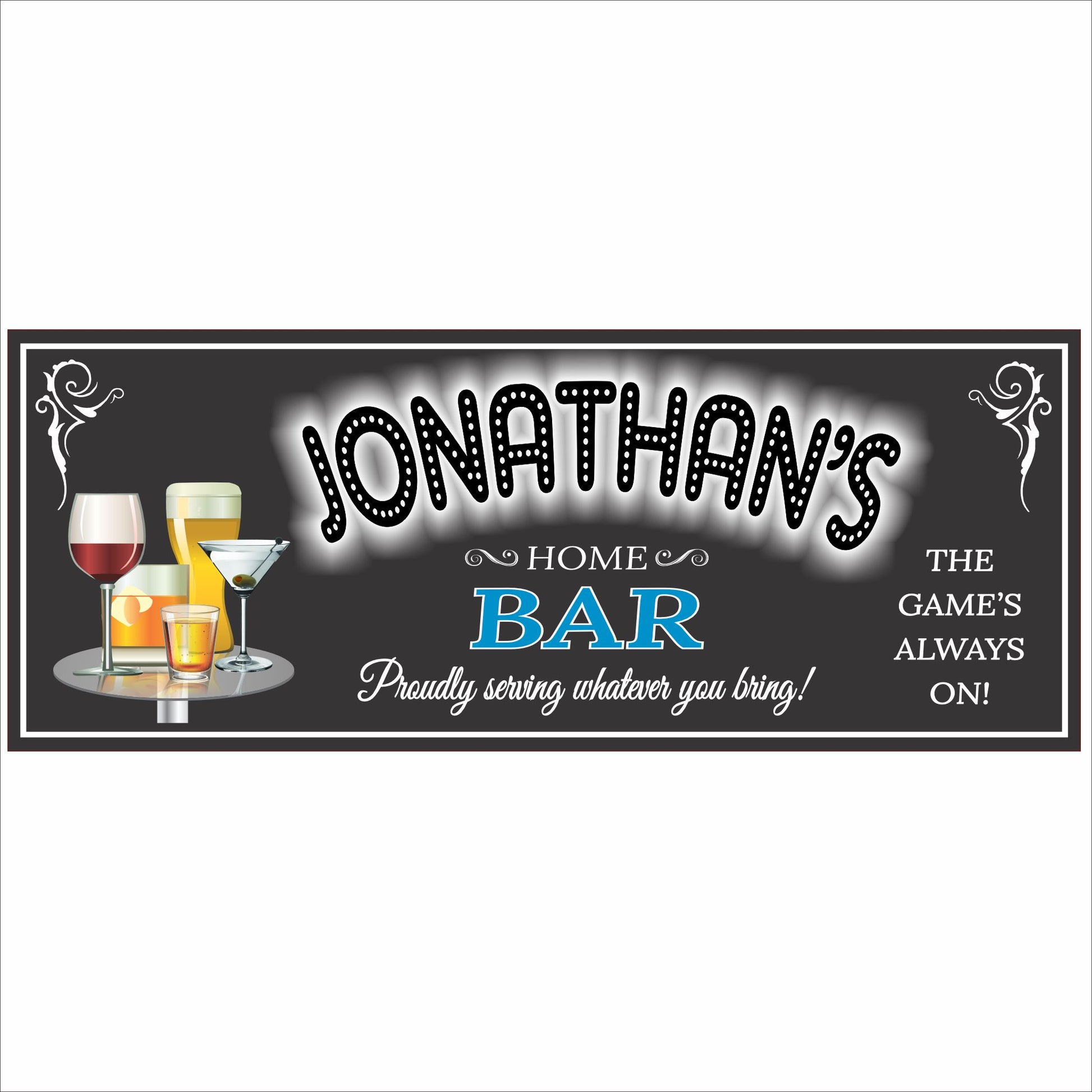 Personalized home bar sign with cocktail and beer graphics and custom name on a chalkboard-style background