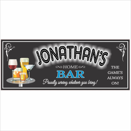 Personalized home bar sign with cocktail and beer graphics and custom name on a chalkboard-style background