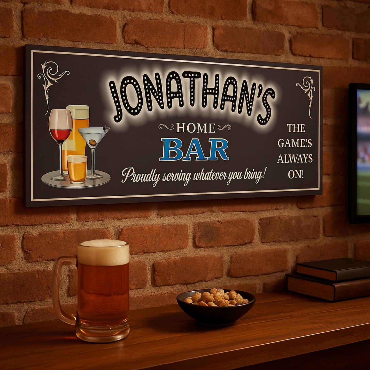 Custom bar sign mounted on a brick wall above a wooden bar with beer, snacks, and warm lighting