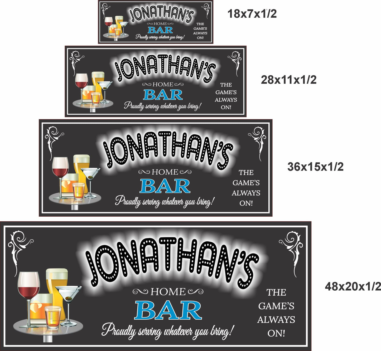 Personalized bar sign shown in 18x7, 28x11, 36x15, and 48x20 inch size options