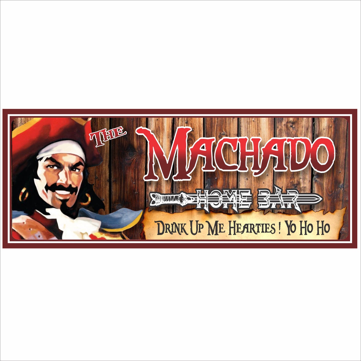 Personalized pirate home bar sign with pirate illustration, crossed swords, and rustic wood background