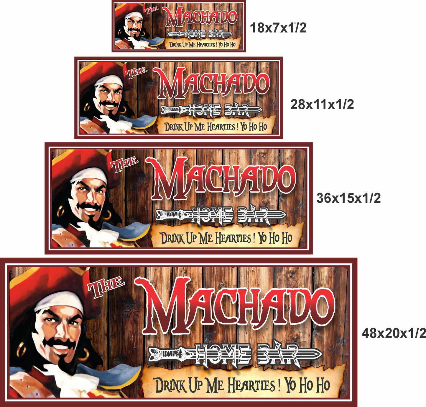 Pirate bar sign shown in four available sizes for scale comparison