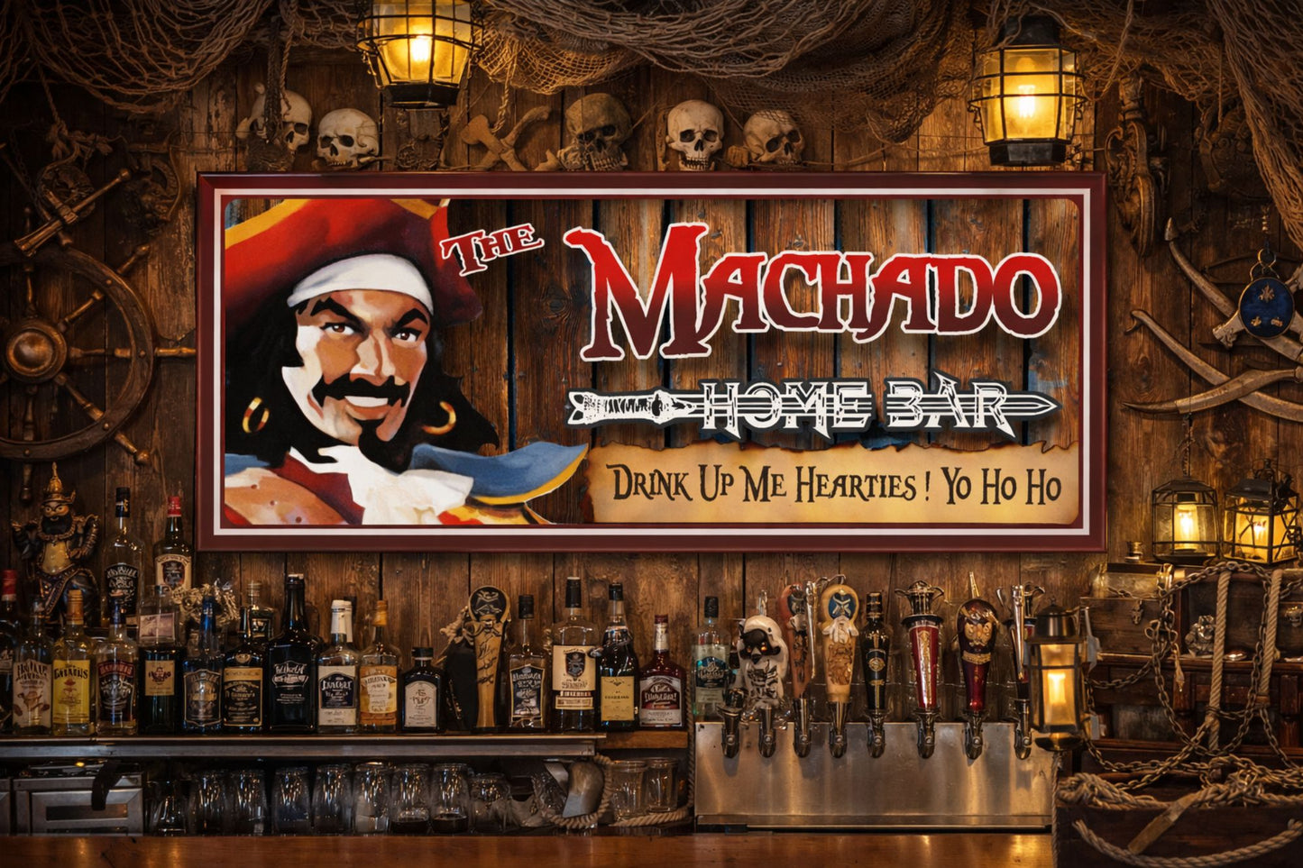 Custom pirate bar sign mounted on a wooden wall inside a pirate-themed bar with lanterns and nautical decor
