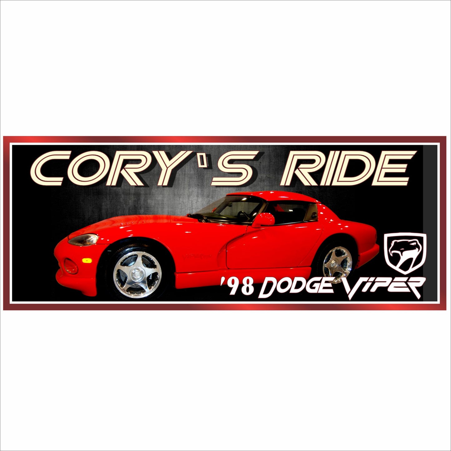 Personalized garage car sign featuring a red ’98 Dodge muscle car with custom name text