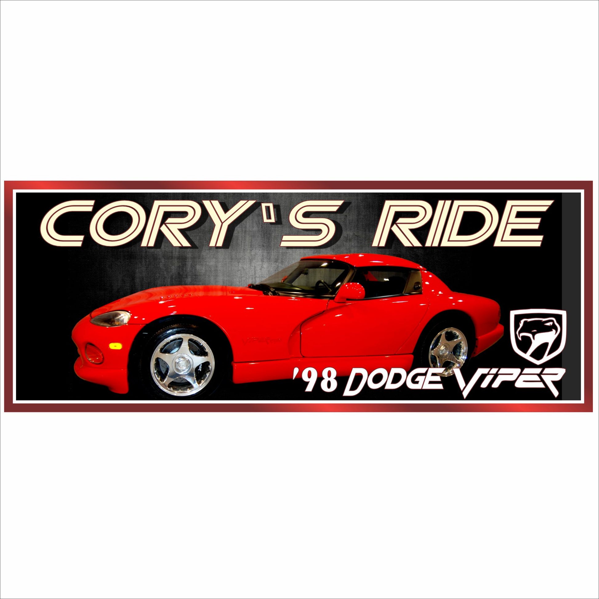 Personalized garage car sign featuring a red ’98 Dodge muscle car with custom name text