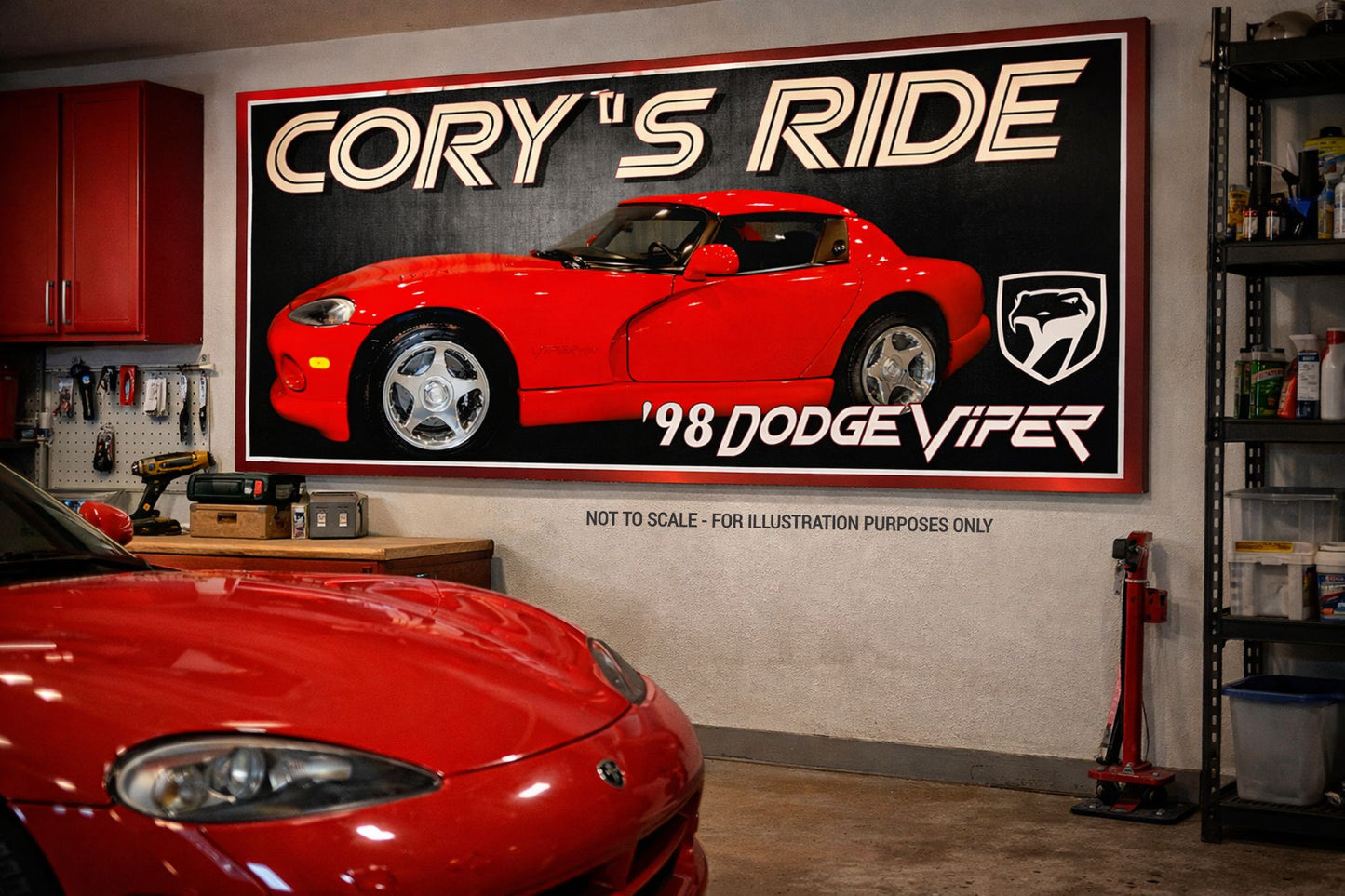 Custom garage sign mounted on a wall above a red tool cabinet with a sports car parked below