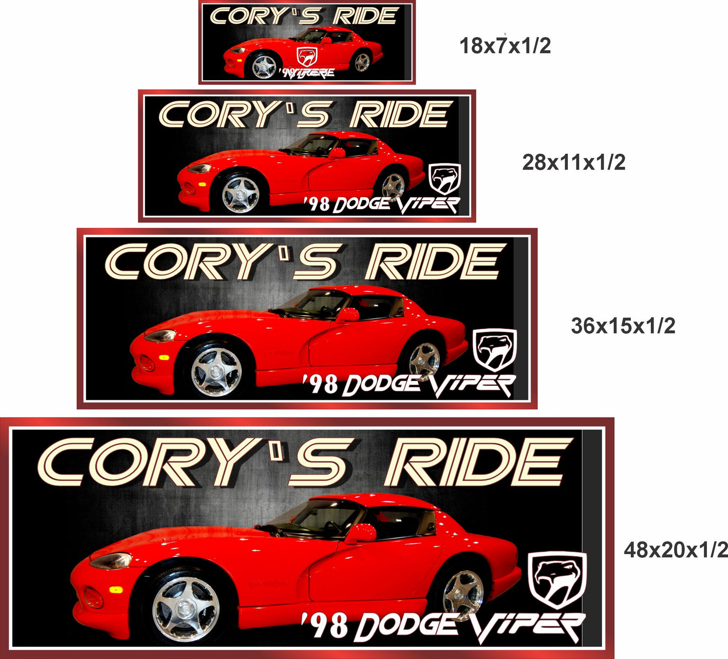 Personalized car sign shown in 18x7, 28x11, 36x15, and 48x20 inch size options