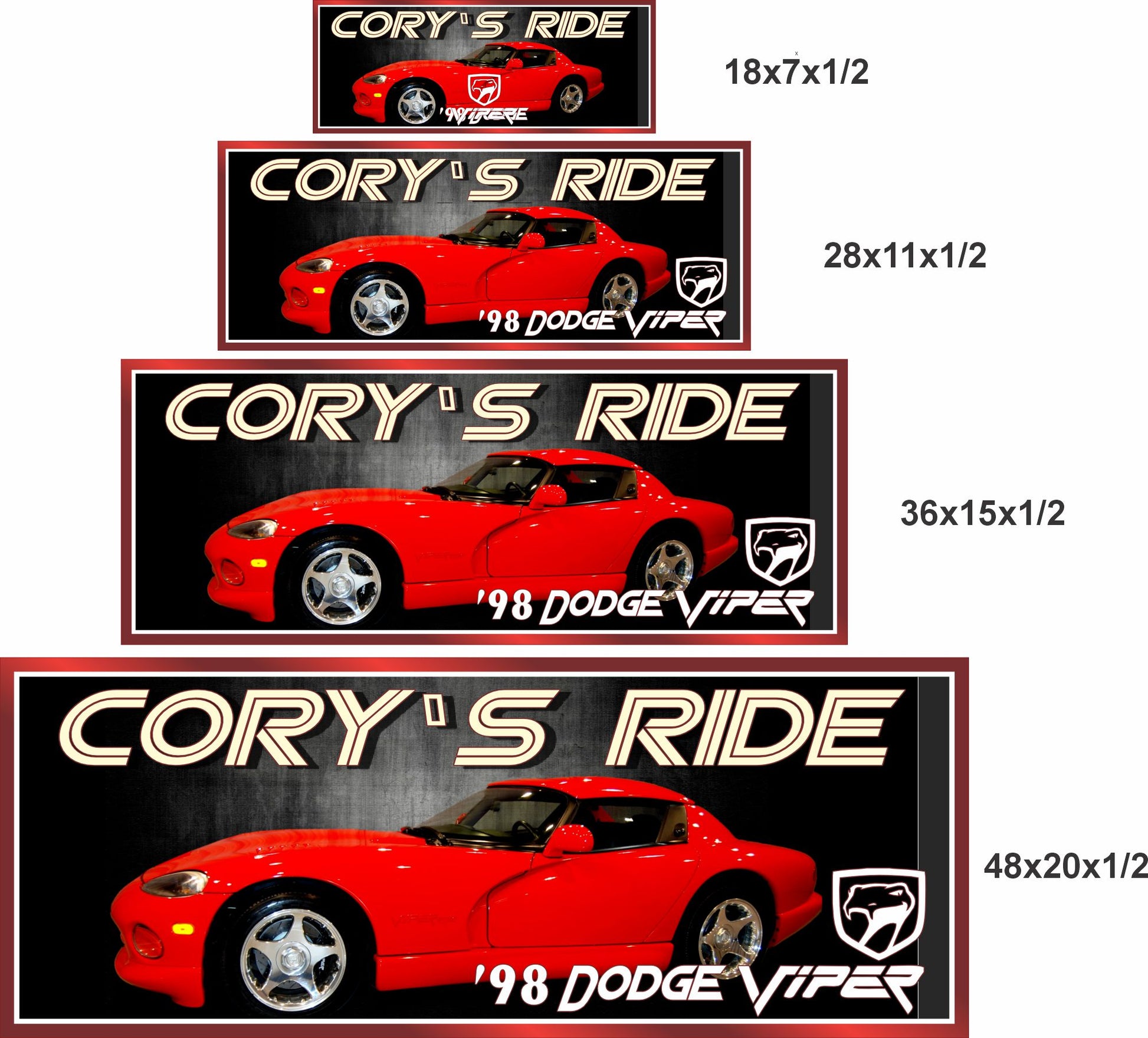 Personalized car sign shown in 18x7, 28x11, 36x15, and 48x20 inch size options
