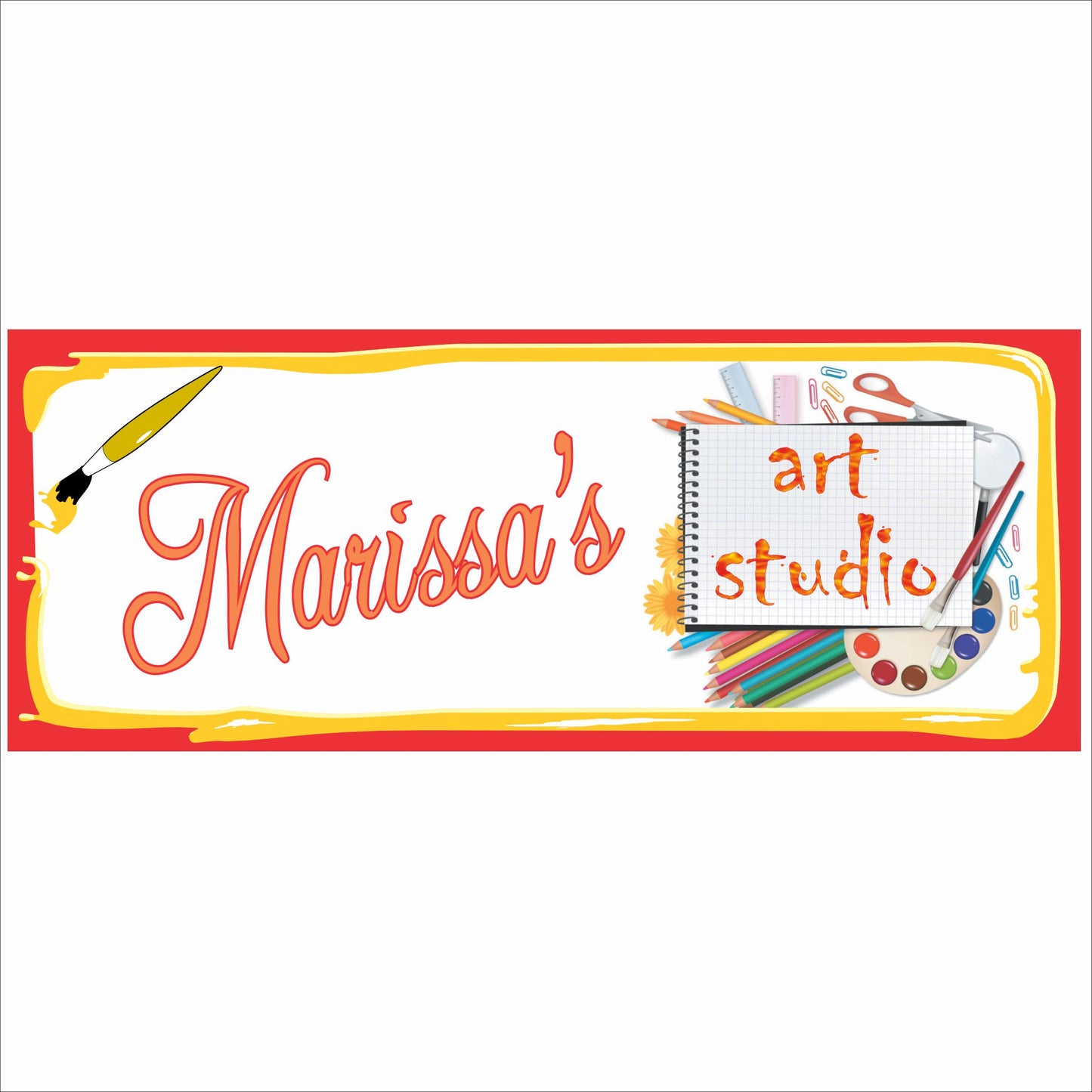 Personalized art studio sign with colorful art supplies, paint palette, and customizable studio name