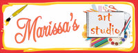 Personalized art studio sign decorated with illustrations of colored pencils, scissors, a sketch pad, paint brushes, and various art supplies.