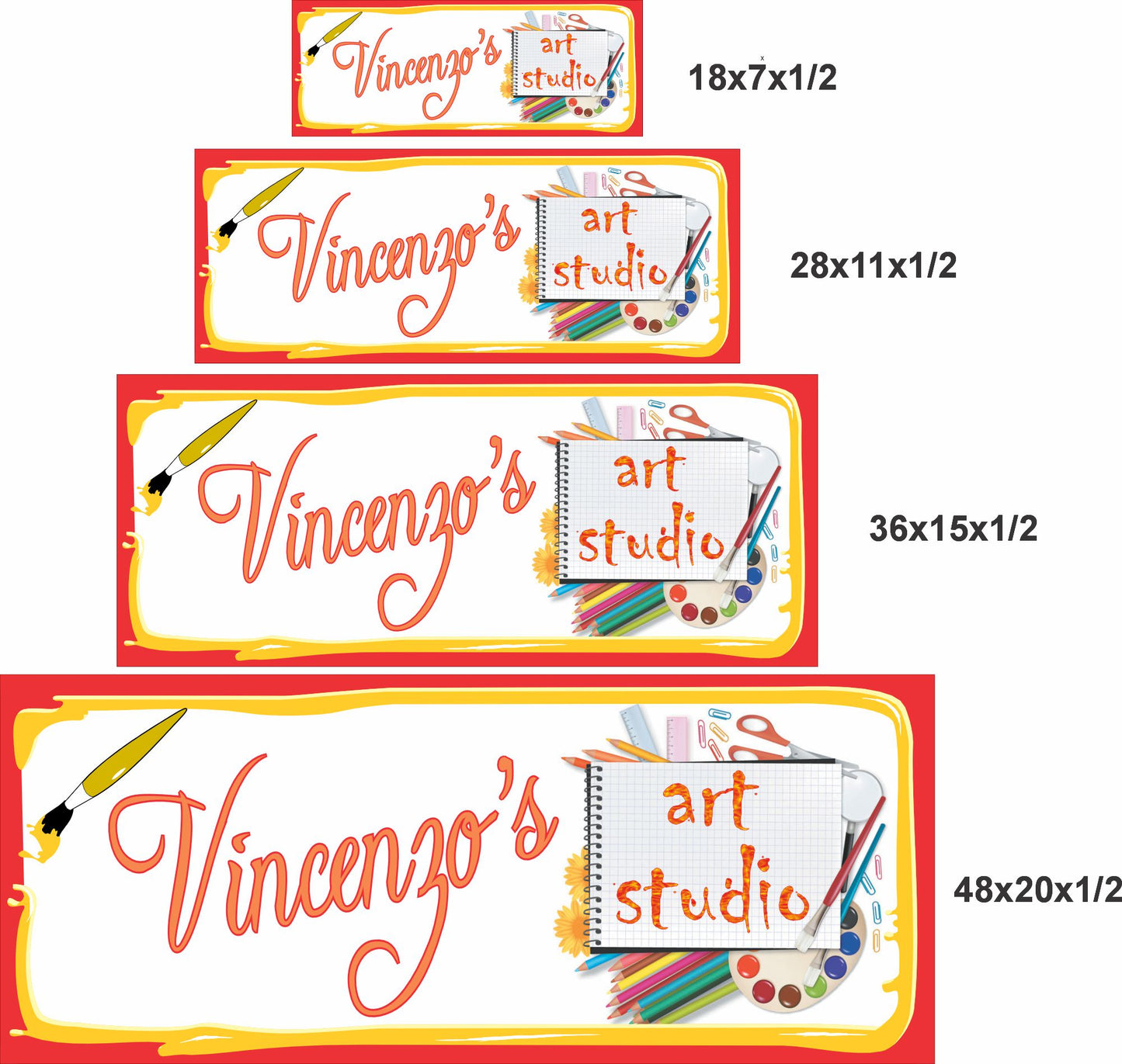 Art studio sign shown in 18x7, 28x11, 36x15, and 48x20 inch size options