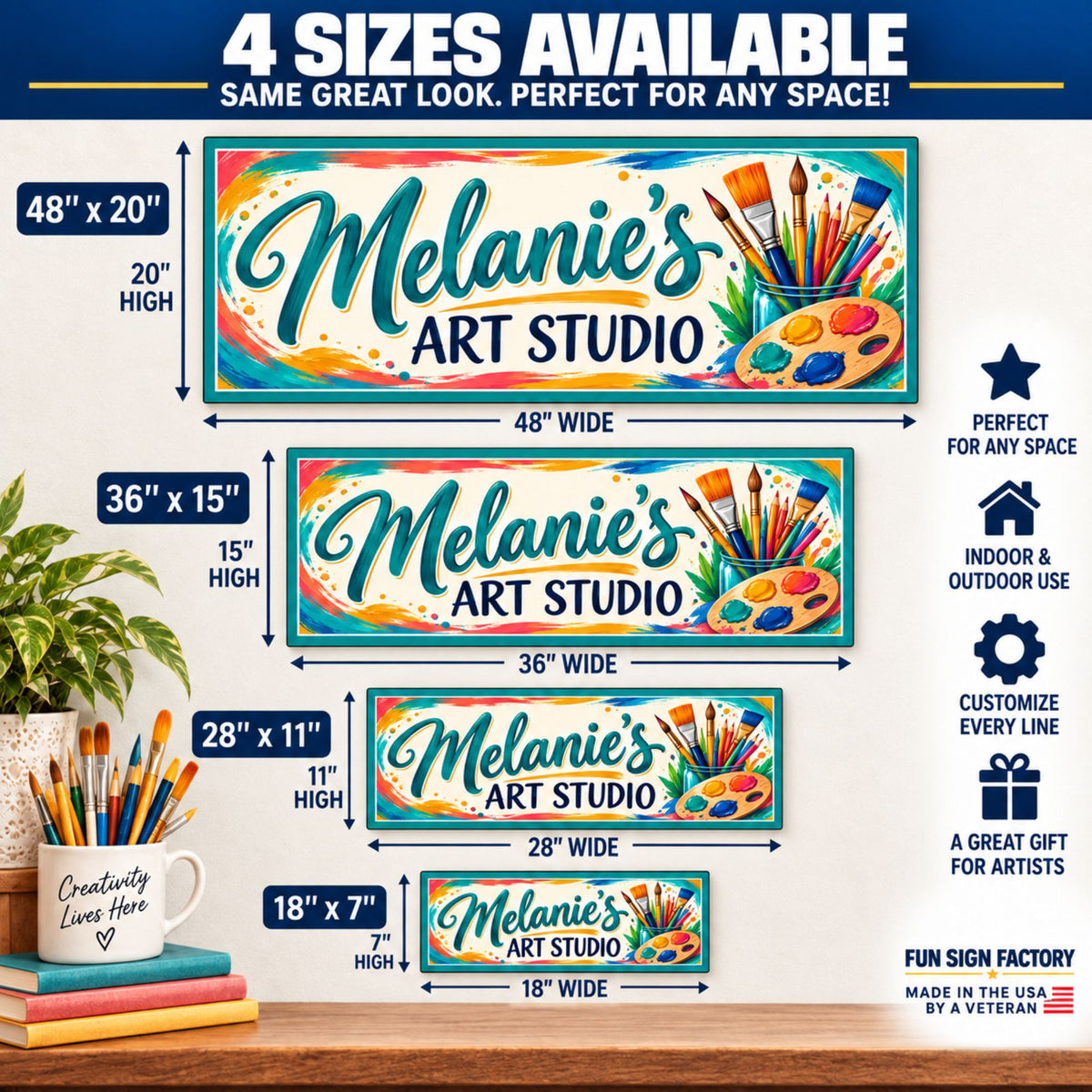Four-size infographic showing 48×20, 36×15, 28×11 and 18×7-inch art studio signs with dimension arrows.