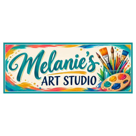 Personalized art studio sign with teal script lettering, colorful brushstrokes, paint brushes, pencils, and an artist’s palette on a cream background.